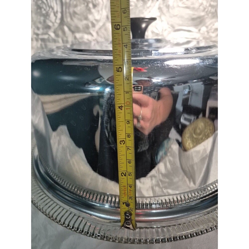 VTG Glass Cake Plate Stainless Steel Dome Lid Covered Dish Ribbed Footed 12" - Picture 16 of 16